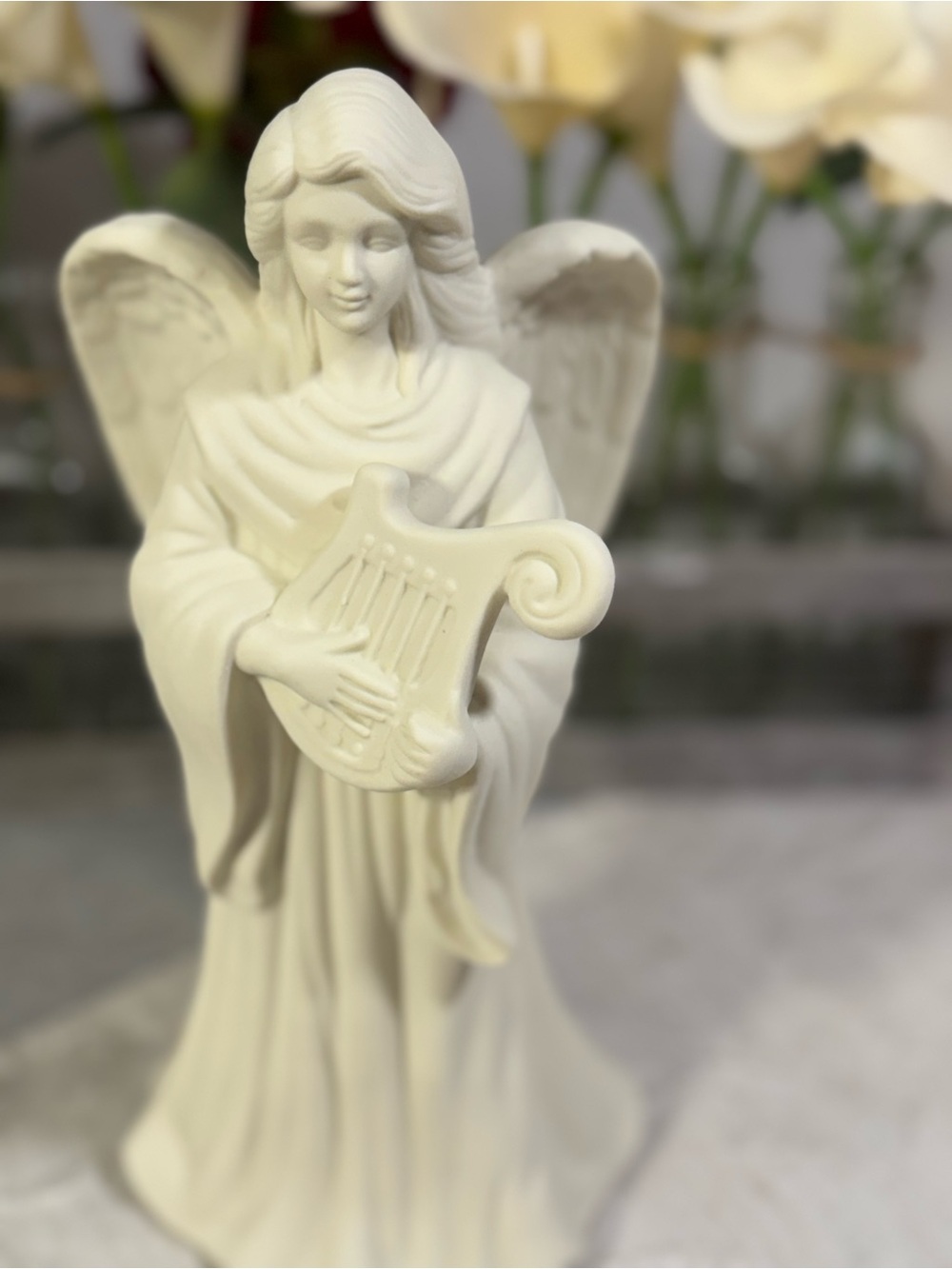 PartyLite Lyrical Angel Playing Harp Bisque Porcelain Taper Candle Holder P0461